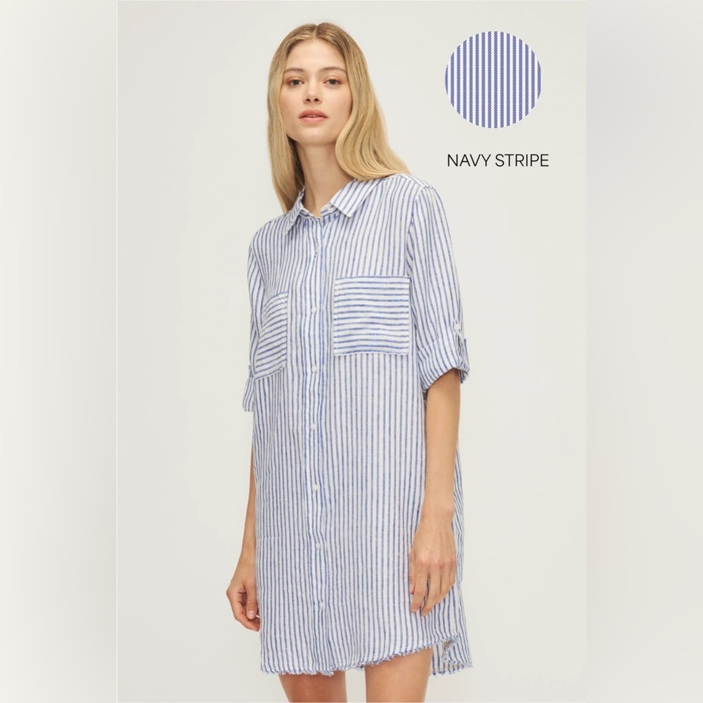 MELISSA NEPTON Cynthia Blue and White Striped Mini Shirt Dress